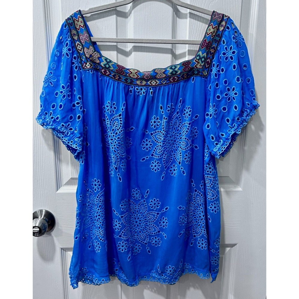 Johnny Was Blue Eyelet Embroidered Square Neck Puff Sleeve Blouse XL C12022-5